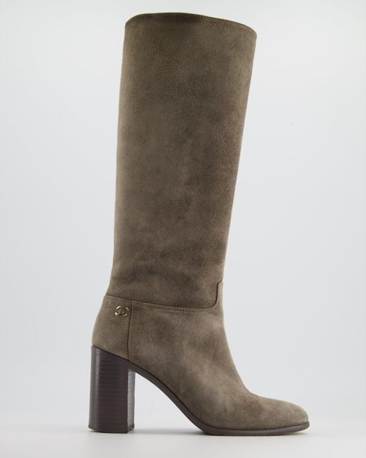 Chanel Gray Suede Heeled Boots With Cc Logo Detail