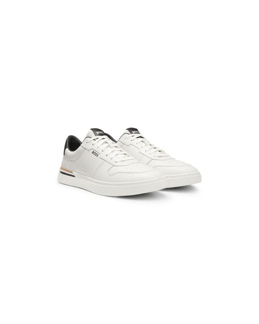 Boss White Leather Trainers With Signature-Stripe Details for men