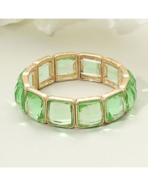 Fashnzfab Green Square Faceted Gemstone Frame Beaded Stretch Bracelet, Light, Worn
