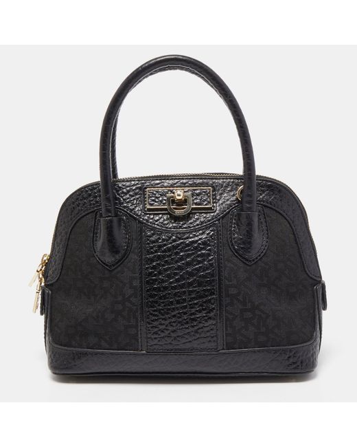 DKNY Black Monogram Canvas And Leather Dome Satchel