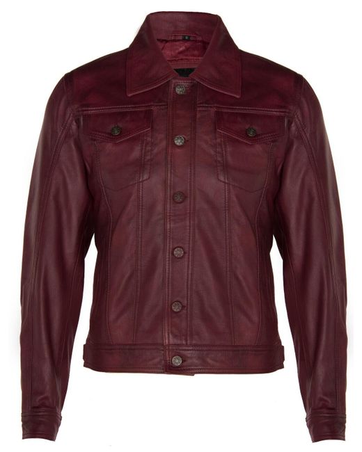 Infinity Leather Red Trucker Slim Fit Shirt Jacket for men