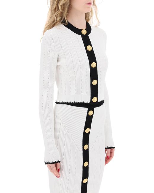 Balmain White Bicolor Knit Cardigan With Embossed Buttons