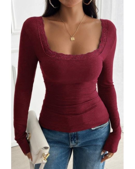 TRUEDAMES Red Square Neck Lace Trim Patchwork Slim Fit Shirt