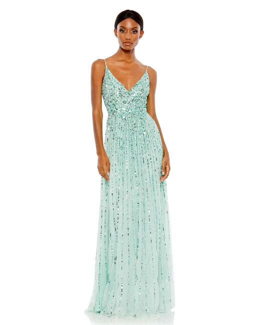 Mac Duggal Blue Sequined Sleeveless Wrap Over A Line Gown