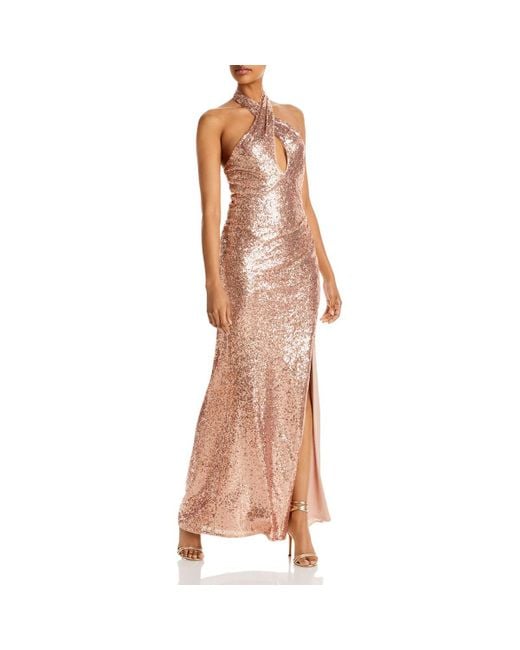 Aqua Brown Sequined Halter Evening Dress