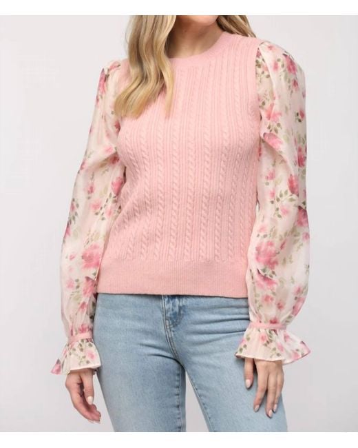 Fate Pink Floral Print Organza Sleeve Cable Knit Sweater