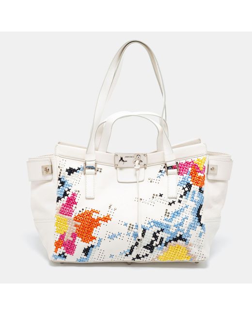 Jimmy Choo White Cross Stitched/embellished Leather Tote