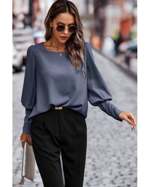 TRUEDAMES Blue Fashnzfab Crew Neck Solid Leg Of Mutton Sleeve Shirt