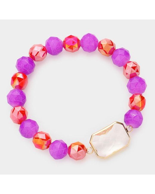 Fashnzfab Pink Lucite Accented Faceted Beaded Stretch Bracelet Lucite