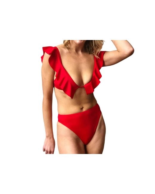 MILLY Red Solid Ruffle Pinafore Bikini Top