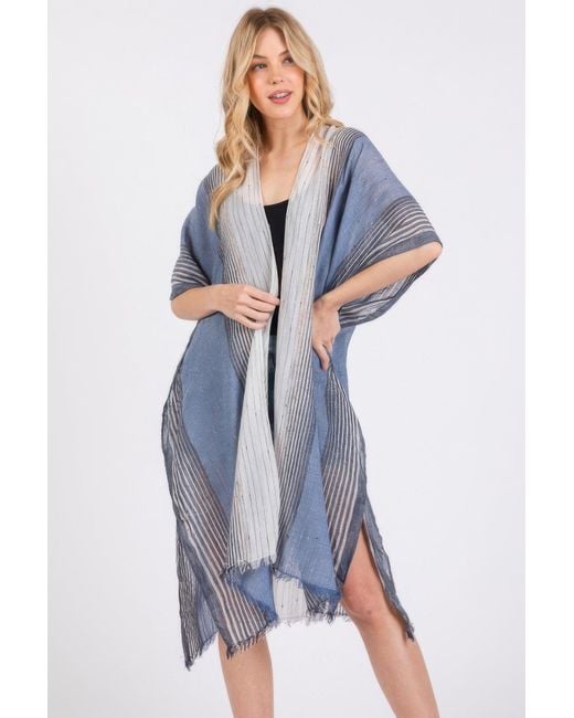 TRUEDAMES Blue Fashnzfab Striped Two Tone Cover Up Kimono