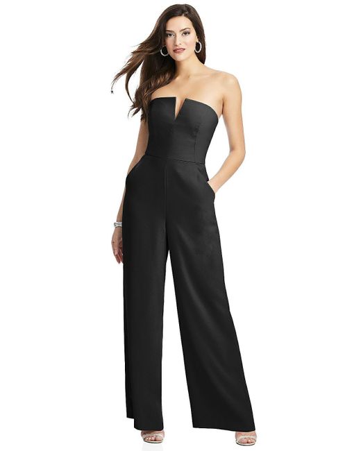 Dessy Collection Black Strapless Notch Crepe Jumpsuit With Pockets