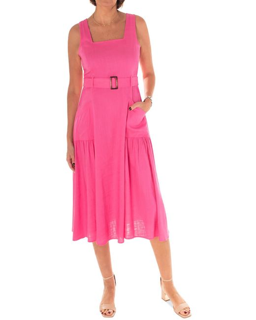 Maison Tara Pink Belted Linen Midi Dress