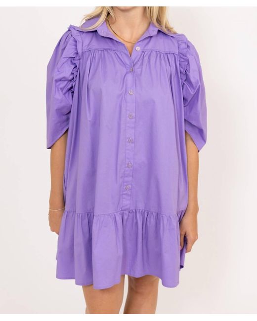 Karlie Purple Solid Button Puff Sleeve Ruffle Dress