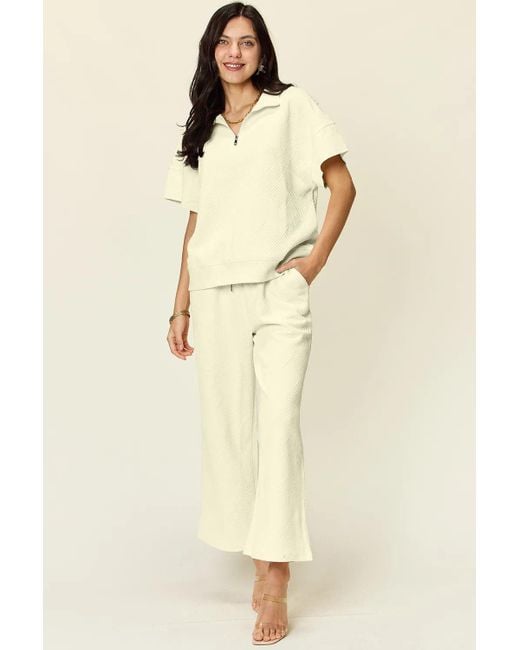 TRUEDAMES Natural Full Size Texture Half Zip Short Sleeve Top And Pants Set