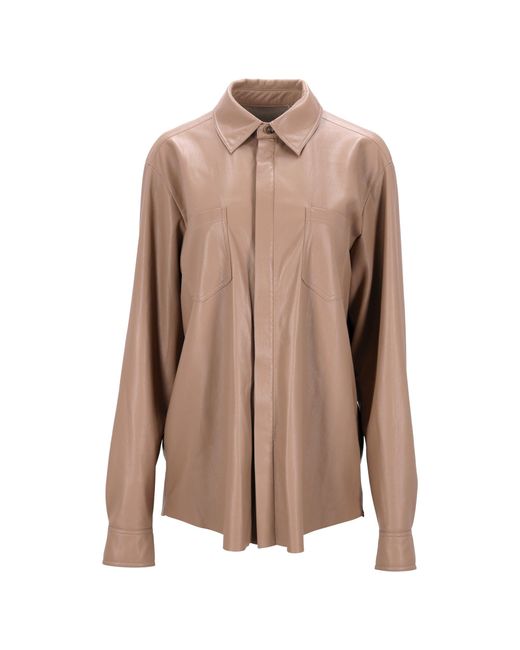 Nanushka Brown Patch-Pocket Faux Leather Shirt