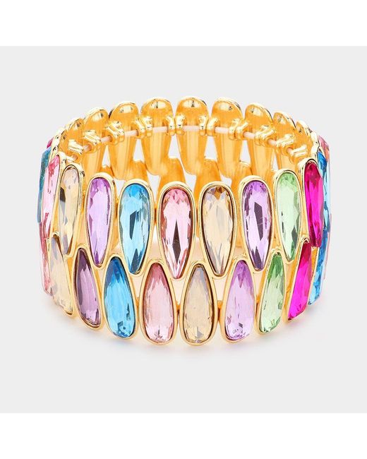 Fashnzfab Pink 2Rows Elongated Teardrop Stone Cluster Stretch Evening Bracelet