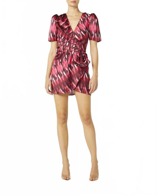 MISA Los Angles Red Amina Pleated Draped Satin Mini Wrap Dress