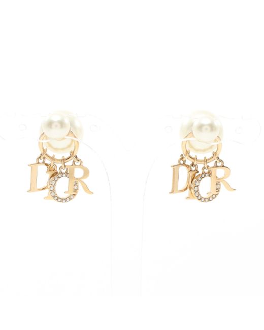 Dior Metallic Es Earrings Gp Fake Pearl Rhinestone Gold Offclear