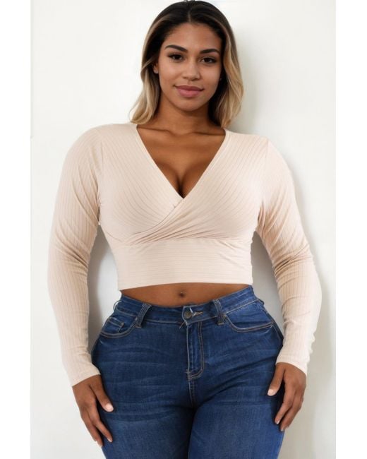 TRUEDAMES Blue Plus Size Ribbed Wrap Front Long Sleeve Top