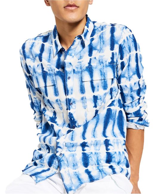 Sun & Stone Blue Tie-dyed Collared Button-down Shirt for men