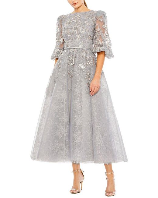 Mac Duggal Gray Embellished Puff Half Sleeve A-line Dress