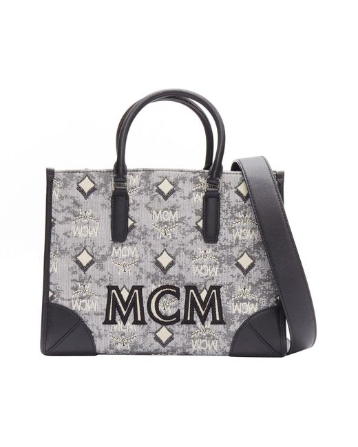 MCM Gray Vintage Logo Jacquard Canvas Embroidery Small Tote Bag