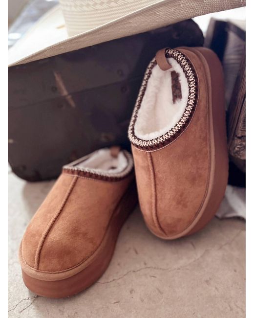 Very G Blue Charlie Tan Platform Fuzzy Slippers