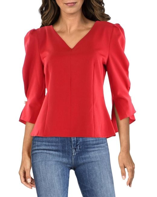 Gracia Red Puff Sleeve Fitted Blouse