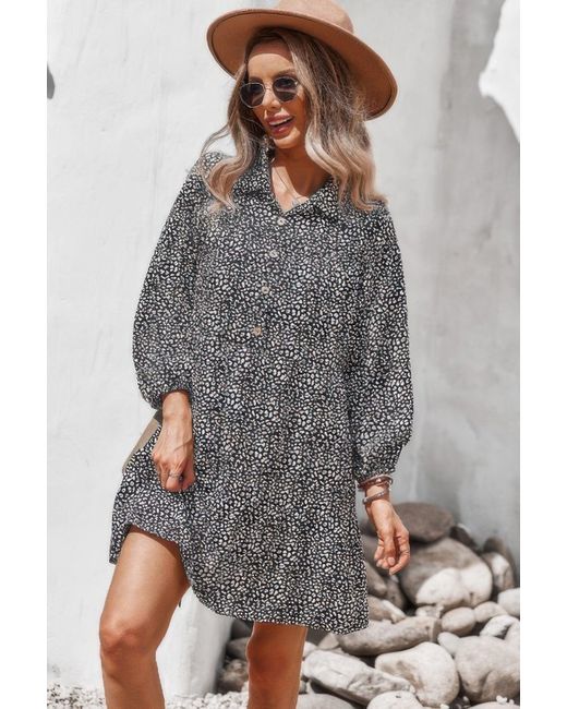 TRUEDAMES Gray Animal Print Button Down A Line Lantem Sleeve Dress