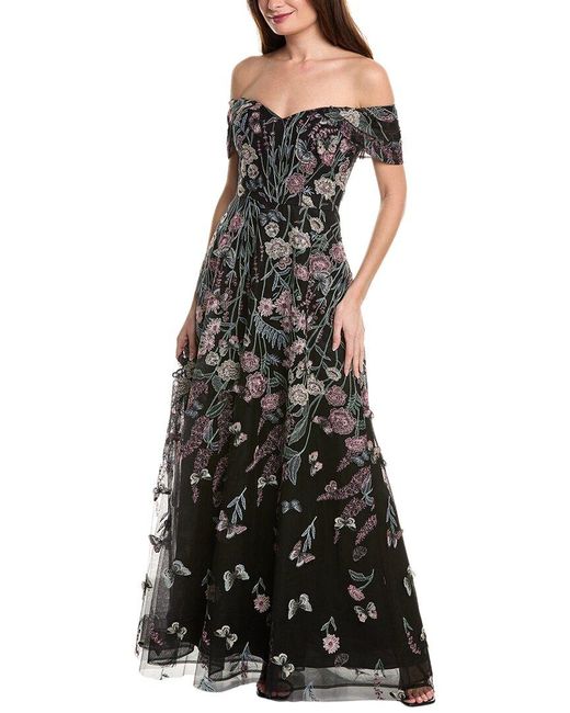 sachin and babi light blue dress Teri Jon Jacquard Portrait Ruched Neckline Gown- Navy/Black – By Request