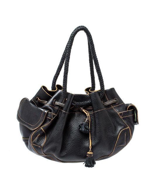 Cole Haan Black Leather Drawstring Braided Handle Hobo
