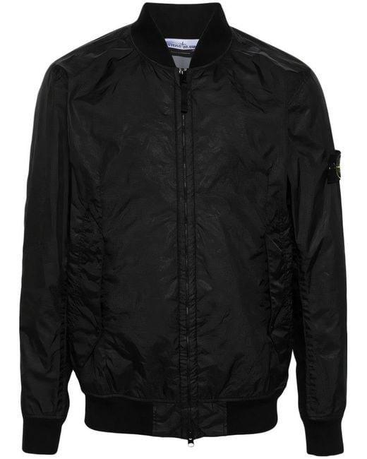 Stone Island Leather Jacket With Zip Front And Logo Patch in Black