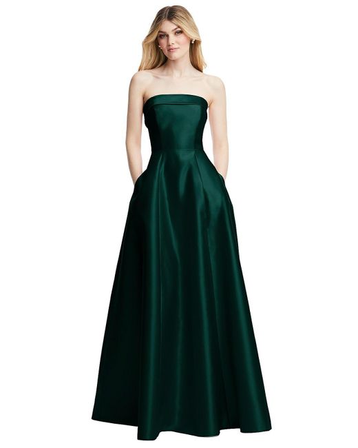 Alfred Sung Green Strapless Bias Cuff Bodice Satin Gown With Pockets