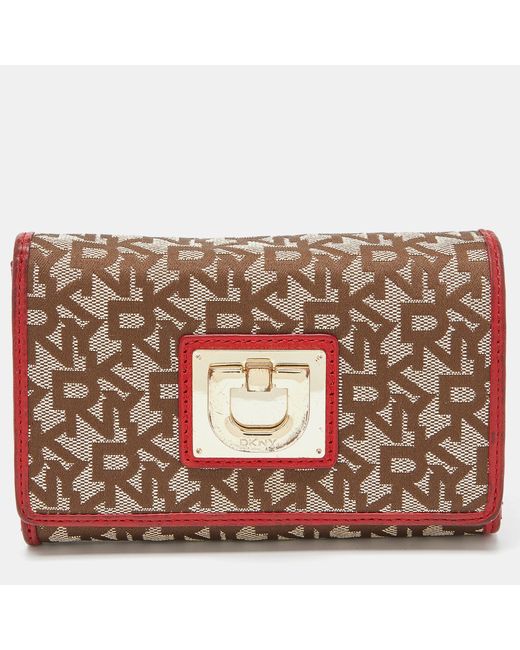 DKNY Metallic Beige/red Signature Canvas And Leather French Wallet