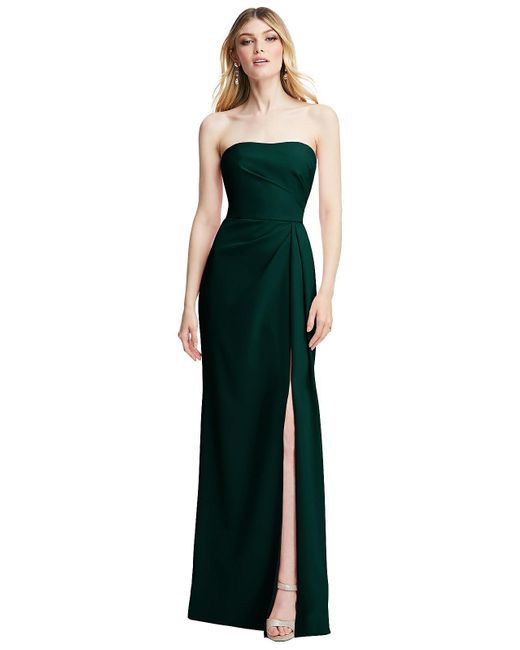 After Six Green Strapless Pleated Faux Wrap Trumpet Gown With Front Slit