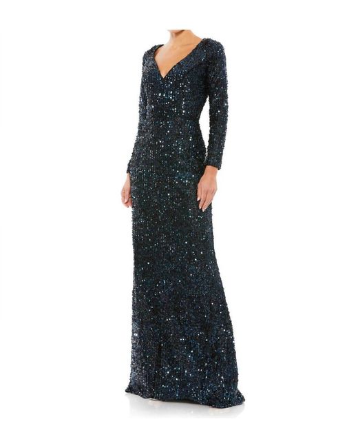 Mac Duggal Blue Long Sleeve Sequined Gown