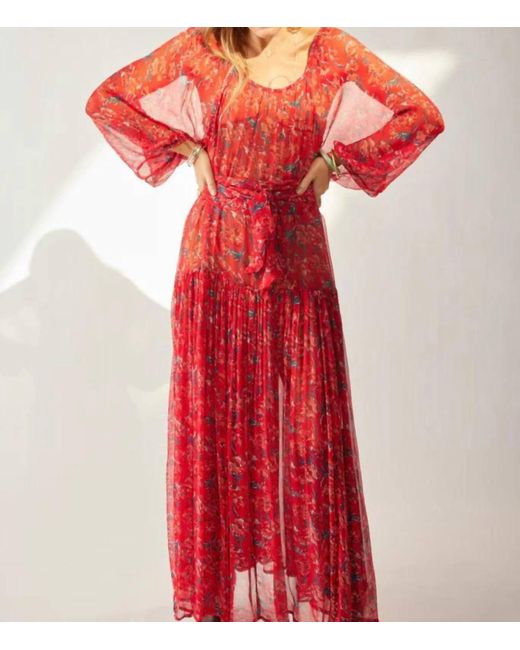 Natalie Martin Red Chiffon Print Lainey Dress W/ Sash
