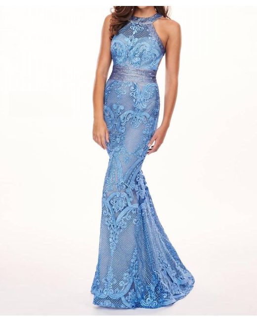 Rachel Allan Blue Lace Halter Neck Prom Dress