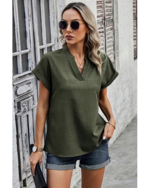 TRUEDAMES Green V Neck Solid Short Bat Sleeve Loose Fit Blouse
