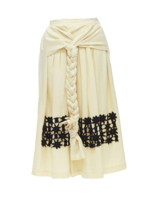 Comme des Garçons Natural Comme Des Garcons Vintage 1988 Cream Wool Braid Black Lattice Embroidery Skirt