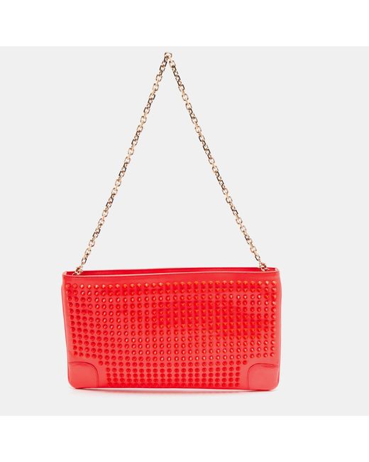 Christian Louboutin Red Neon Coral Patent Leather Loubiposh Spike Chain Clutch
