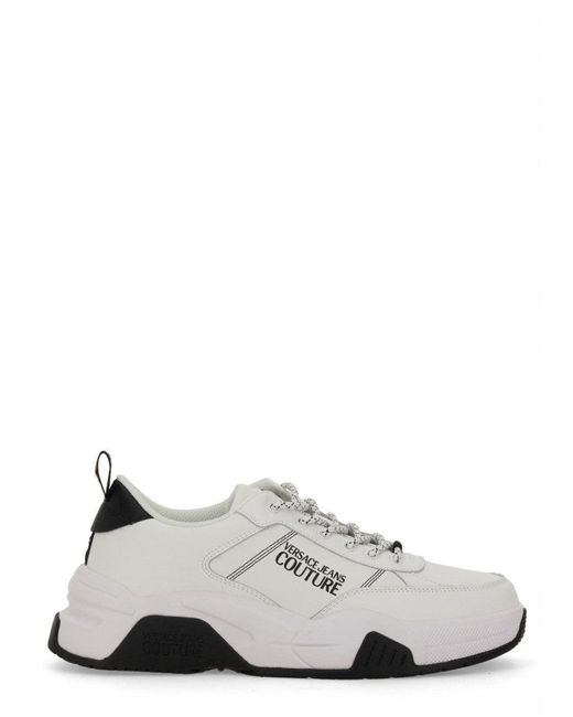 Versace Jeans Couture White Leather Sneakers With Textured Finish And Metallic Accents for men