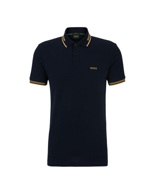 BOSS Men's Blue Stretch-Cotton Slim-Fit Polo Shirt With Branding
