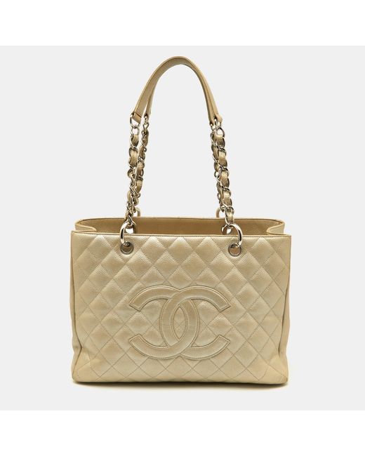 Chanel Natural Pearlquilted Caviar Leather Gst Shopper Tote
