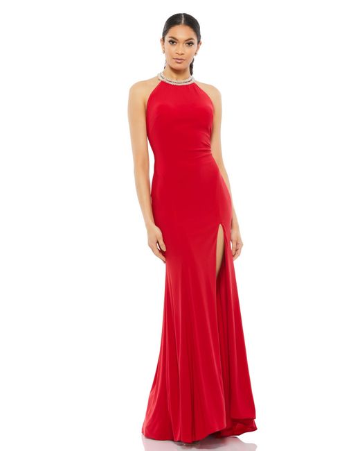 Mac Duggal Red Beaded Halter Jersey Evening Gown