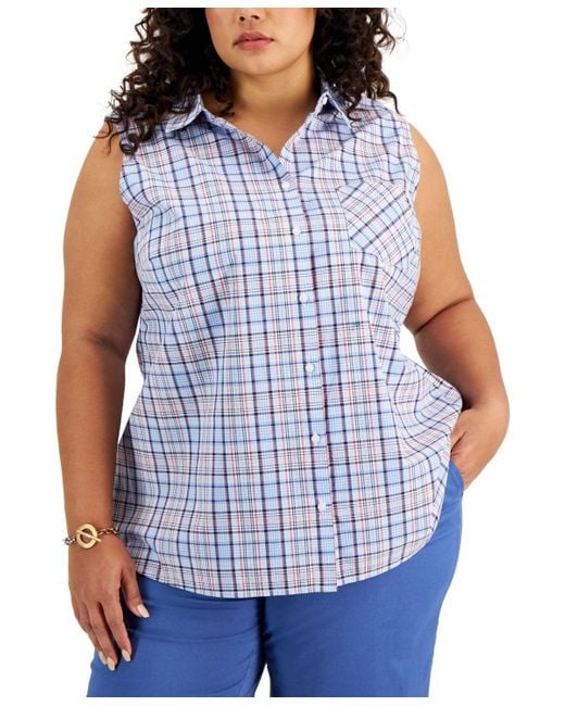 Tommy Hilfiger Blue Shirt Top Plaid Cotton Sleeveless Button Up Fts1058