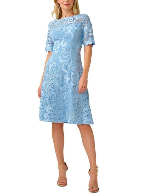 Adrianna Papell Blue Lace Midi Cocktail And Party Dress