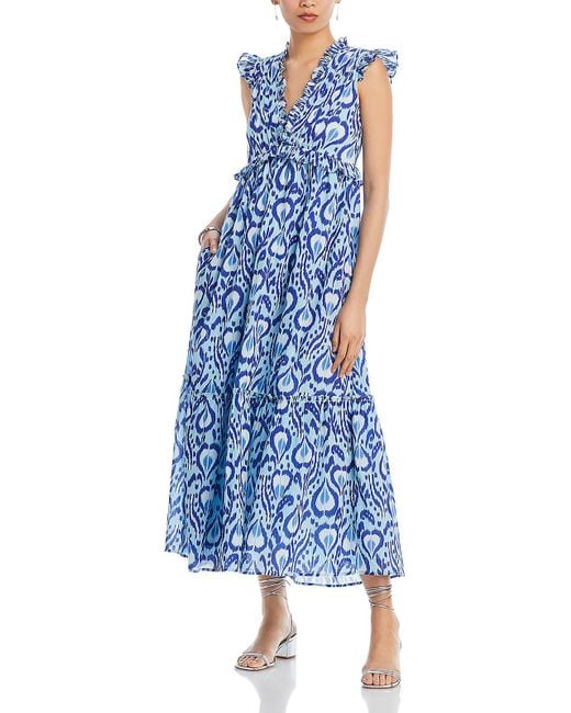 brand: Banjanan Blue Ruffled Neck Tea-length Tunic Dress