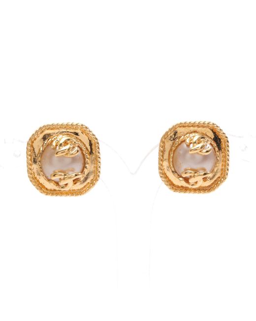 Chanel Metallic Coco Mark Earrings Gp Fake Pearl Gold Off95a
